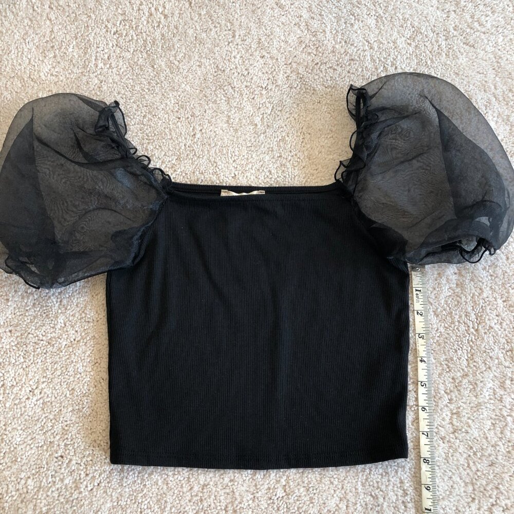 NWOT Altar'd State Black Sheer Puffy Sleeve Ribbed Crop Top Shirt Blouse - Picture 8 of 10